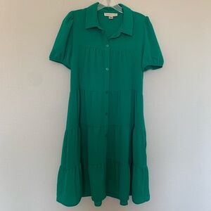 Monteau Emerald Green Tiered Collared Midi Dress Medium Button Pockets